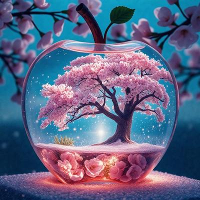 The primary subject of the image is a glass apple tree, which is a beautifully crafted glass sculpture. The apple tree is set against a blue background, giving it a vibrant and lively appearance. The visual style of the image is a combination of photo and digital art, creating a unique and captivating scene. The colors and mood of the image are predominantly pink, which adds a sense of warmth and freshness to the overall atmosphere.
